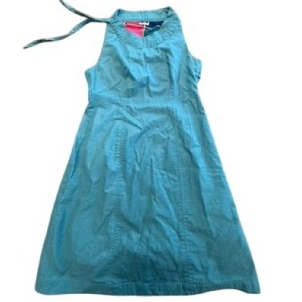 Tulle Womens Teal Blue Linen Blend High Neck Tie A-Line Dress Size L A6103 Lined
